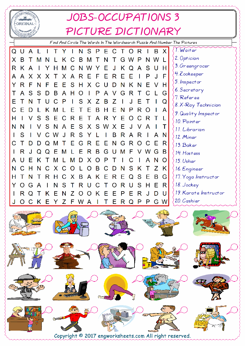  ESL wordsearch worksheets for kids, find Jobs-Occupations words in the word wordsearch write its number on its picture English worksheet. 